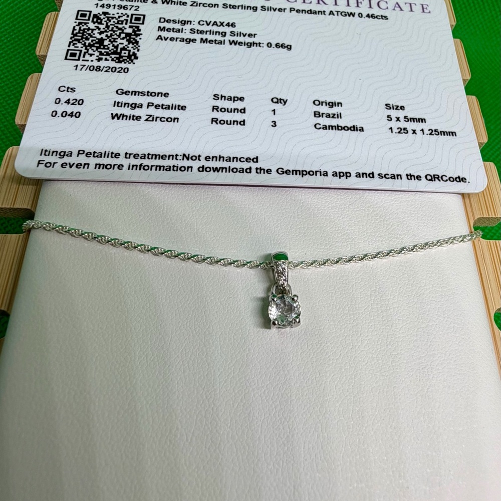 925 Silver Petalite Pendant Necklace w/ White Zircon Accents